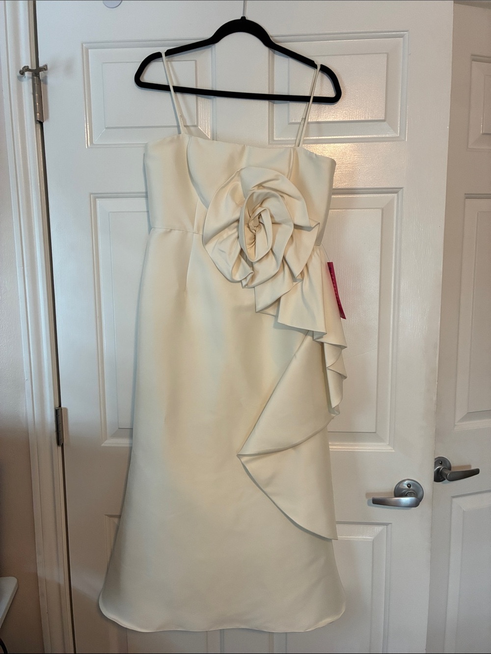 Marchesa Cream Spaghetti-Strap Midi Dress with Rosette Ruffle